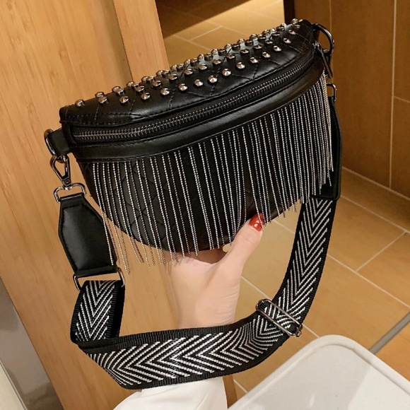 Luxe Black Vegan Leather Zipper Studded Fringe Fanny Pack Crossbody Bum Bag - Picture 1 of 5